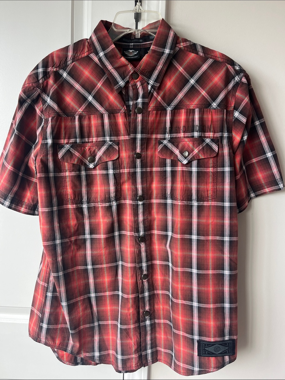Harley-Davidson Red and Black Plaid Short-Sleeve Button-Down Shirt
